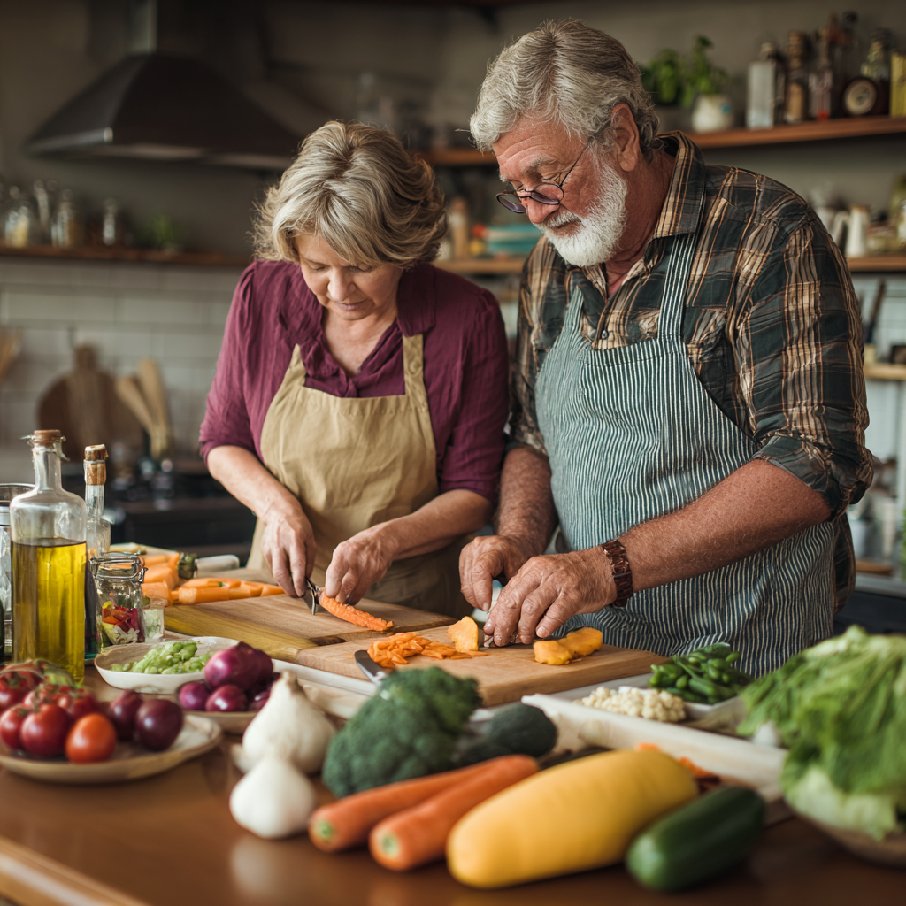 Mature adults preparing nutritious meals