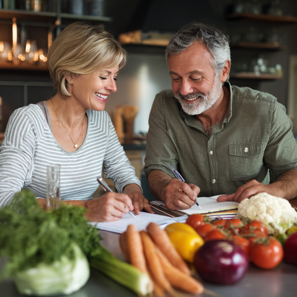 Middle-aged adults planning healthy meals together